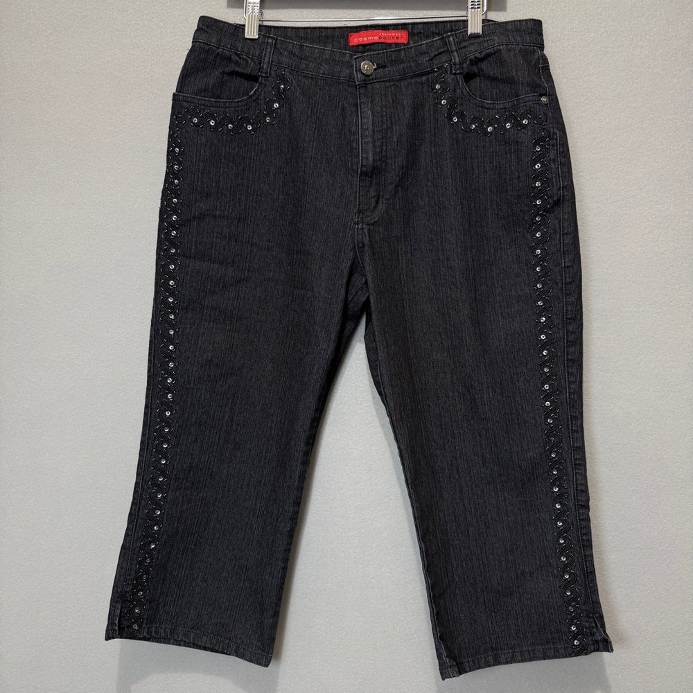 Cosmopolitan Jeanswear Black Crop Jeans 16 Wave Sequin Modern Chic Stretch Denim